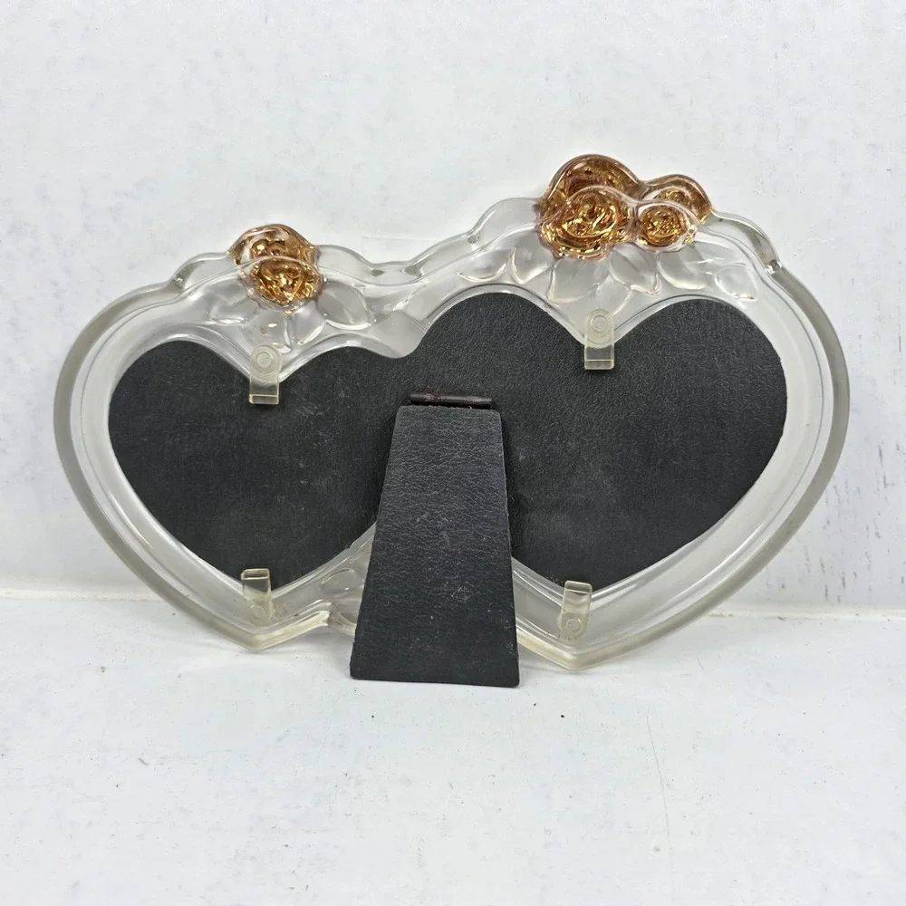Vtg Mikasa Rosemont Double Heart Picture Frame Glass Crystal Gold Roses 7